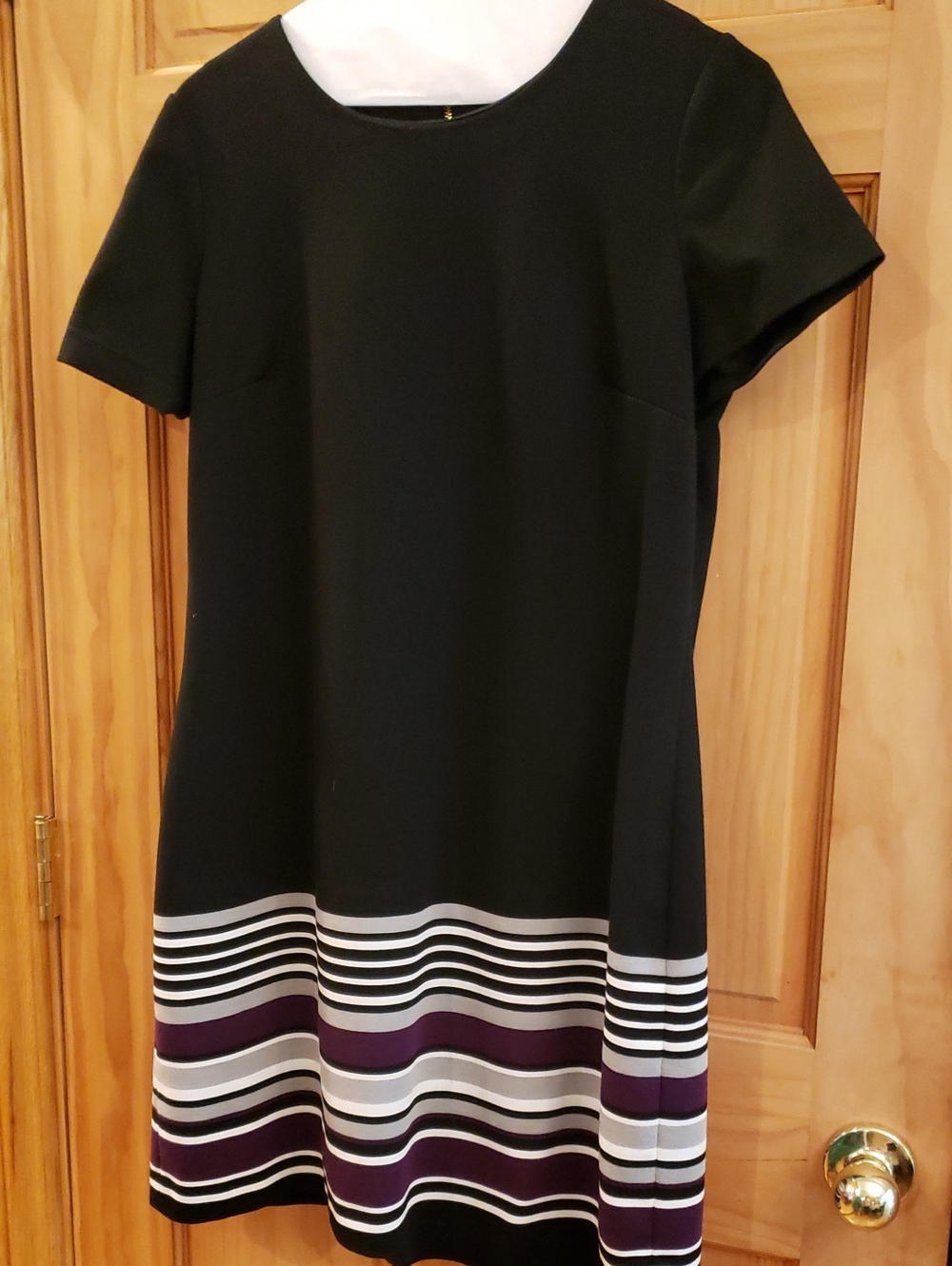 Calvin Klein Black A-Line Dress with Purple & White Striped Hem